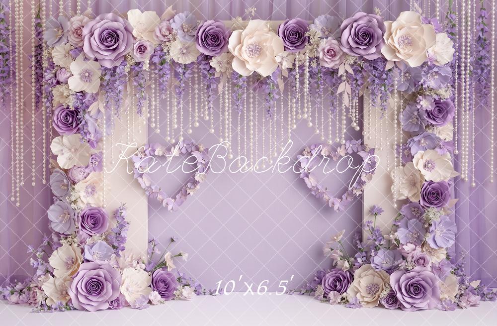 Kate Valentine's Day Purple Paper Flower Arch Pearls Printed Backdrop Designed by Angela Miller