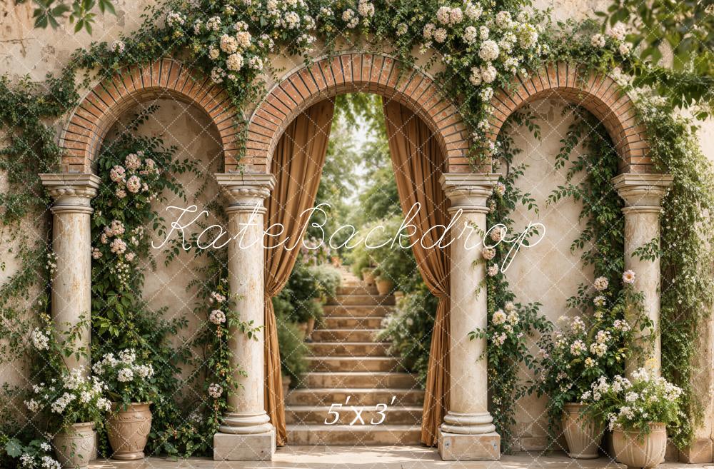 Kate Spring Vintage Roman Arch Garden Columns Stairs Flower Beige Printed Backdrop Designed by Emetselch