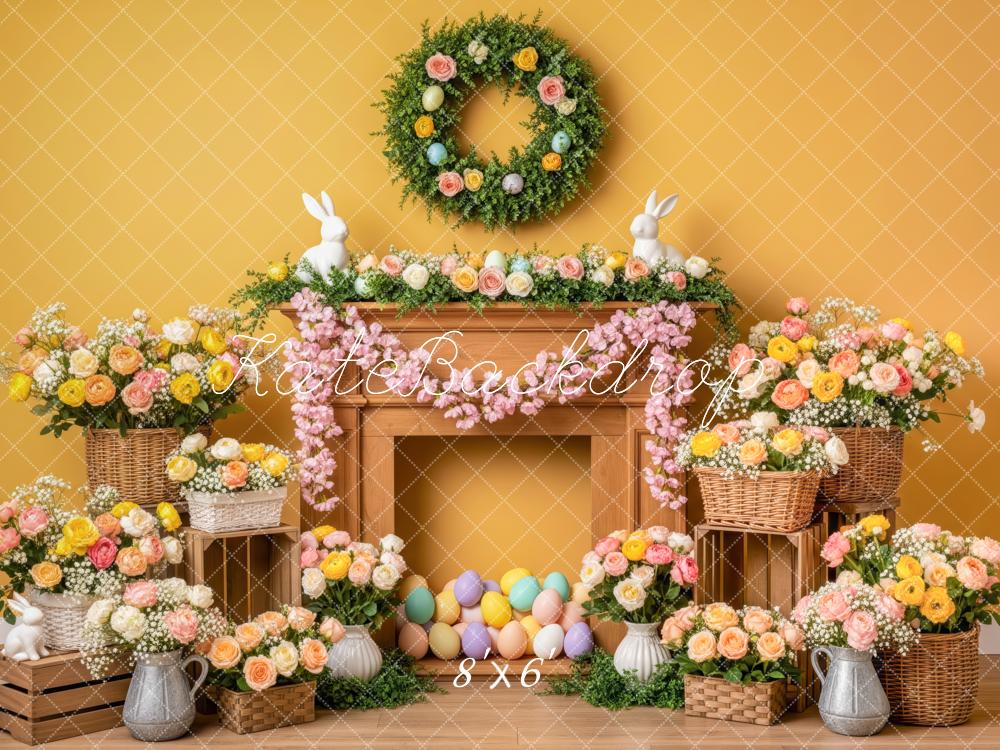 Kate Easter Bunny Fireplace Floral Eggs Yellow Backdrop Designed by Patty Roberts