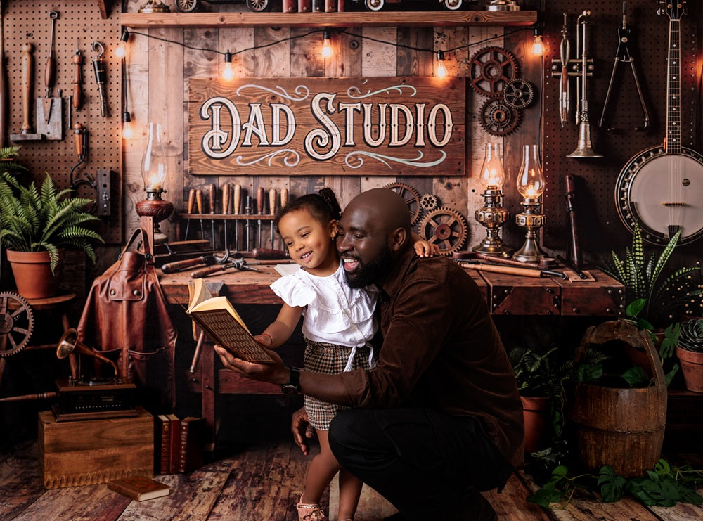 Kate Father's Day Vintage Workshop Tools Gears Plants Printed Backdrop Designed by Emetselch