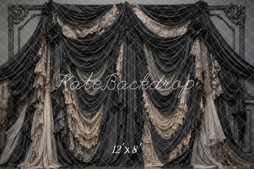 Kate Halloween Black Lace Gothic Draped Curtains Printed Backdrop Designed by Mini MakeBelieve