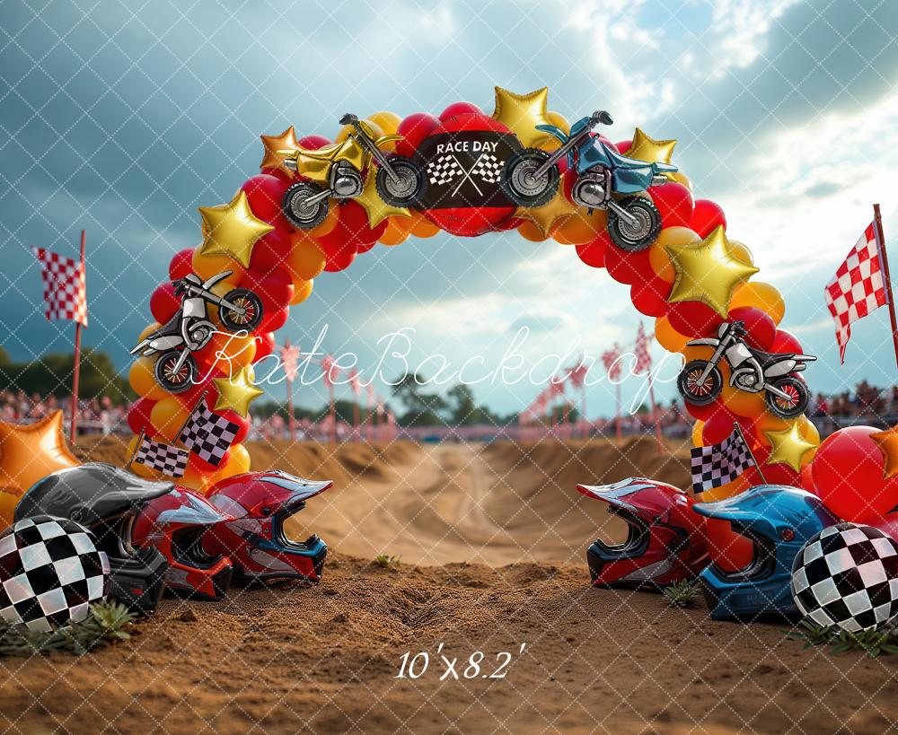 Kate Cake Smash Race Day Motorcycle Balloon Arch Checkered Flags Printed Backdrop Designed by Laura Bybee