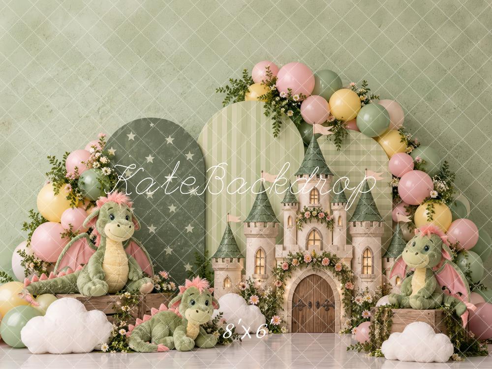 Kate Cake Smash Fantasy Green Arch Castle Dragons Flower Printed Backdrop Designed by Laura Bybee