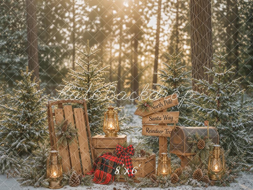 Kate Christmas Winter Forest Pine Trees Lantern Wood Sled Mailbox Signpost Printed Backdrop Designed by Emetselch