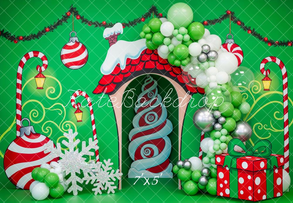 Kate Christmas Candy Cane House Green Balloons Gift Ornaments Backdrop Designed by Patty Roberts