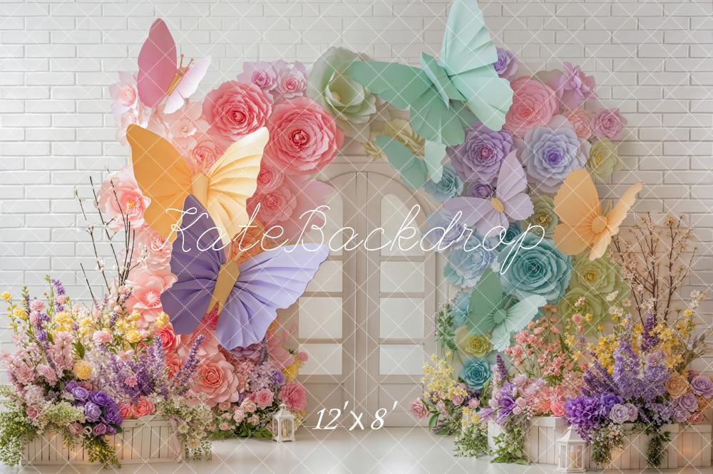 Kate Spring Butterfly Flower Arch Pastel Brick Wall Printed Backdrop Designed by Emetselch