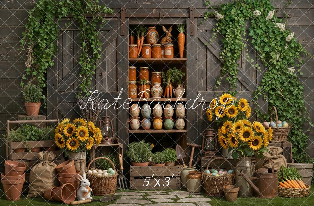 Kate Easter Bunny Sunflowers Rustic Garden Shelf Backdrop Designed by Emetselch