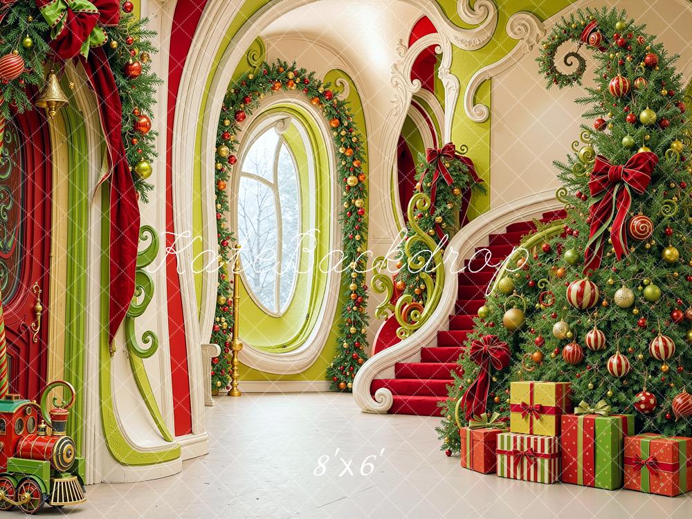 Kate Christmas Cascading Stairs Elf Hallway Tree Printed Backdrop Designed by Shutter Swan Studios