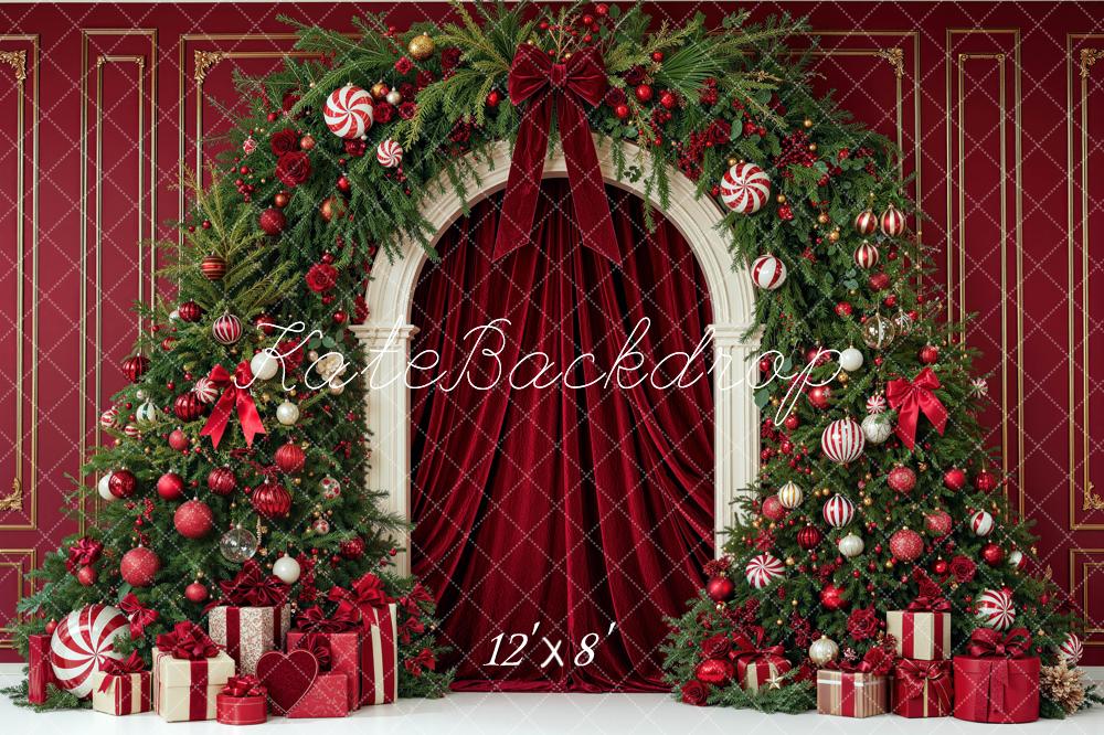 Kate Christmas Red Drapes Evergreen Arch Gifts Printed Backdrop Designed by Mini MakeBelieve