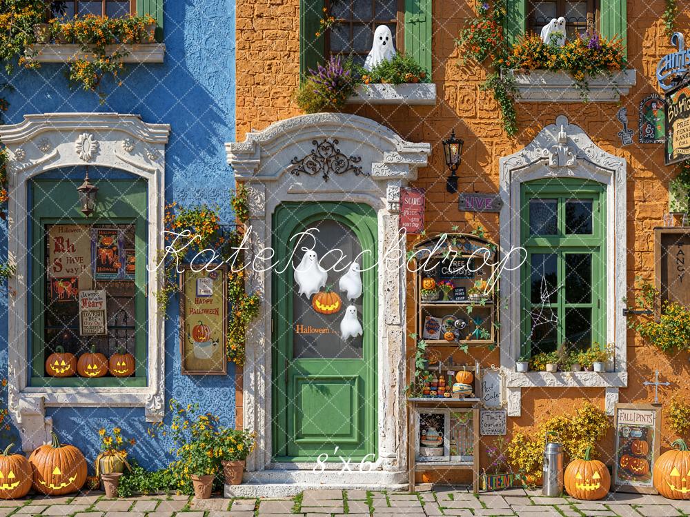 Halloween Straatwinkel Pompoenen Geesten Foto Achtergrond Designed by Emetselch