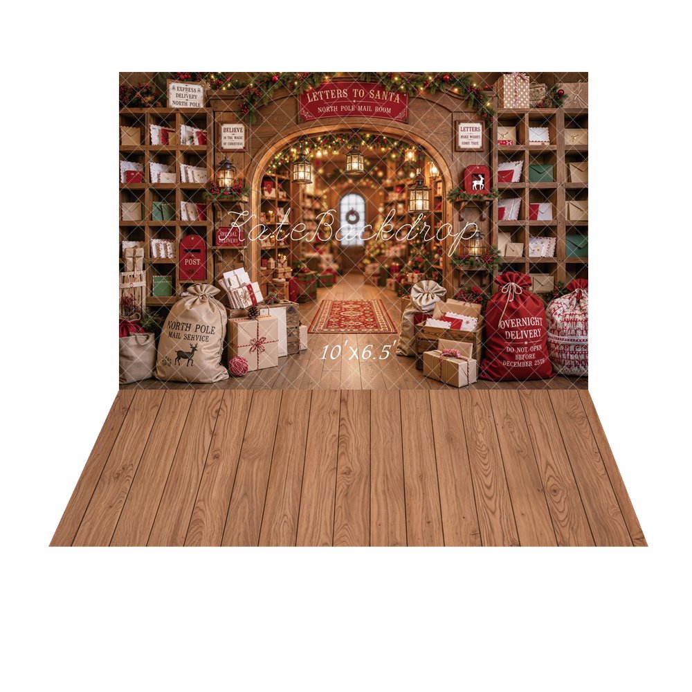 Kate Christmas Mail Room Letters to Santa Workshop Printed Backdrop+Brown Wood Plank Retro Wall Printed Backdrop