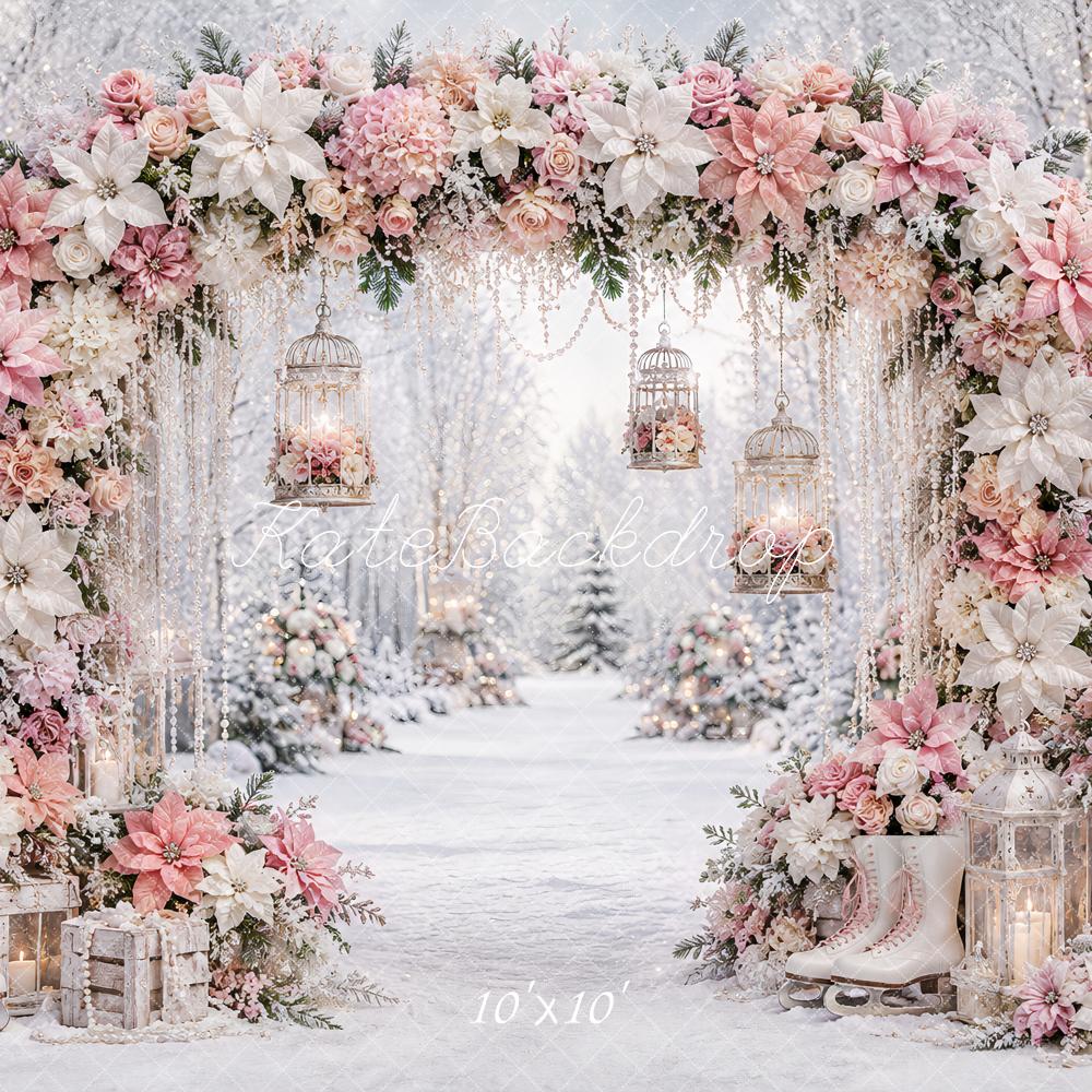 Kate Christmas Winter Pink Poinsettias Flower Arch Ice Skates Printed Backdrop Designed by Ashley Paul
