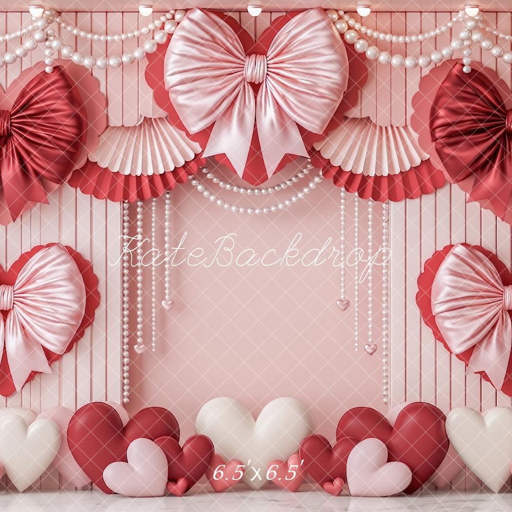 Kate Valentine's Day Pink Heart Satin Bows Pearls Printed Backdrop Designed by Angela Miller