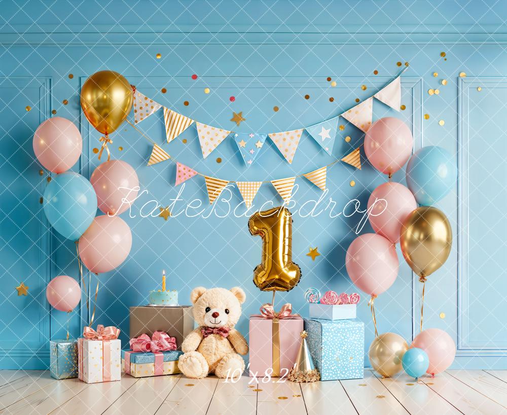 TEST Kate Cake Smash Blue Balloon Bunting Teddy Bear First Birthday Backdrop Designed by Chain Photography
