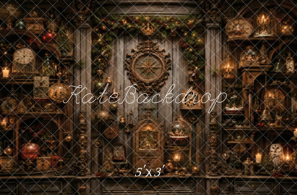Kate Christmas Vintage Cabinet Clocks Garland Printed Backdrop Designed by Vertigo Productions