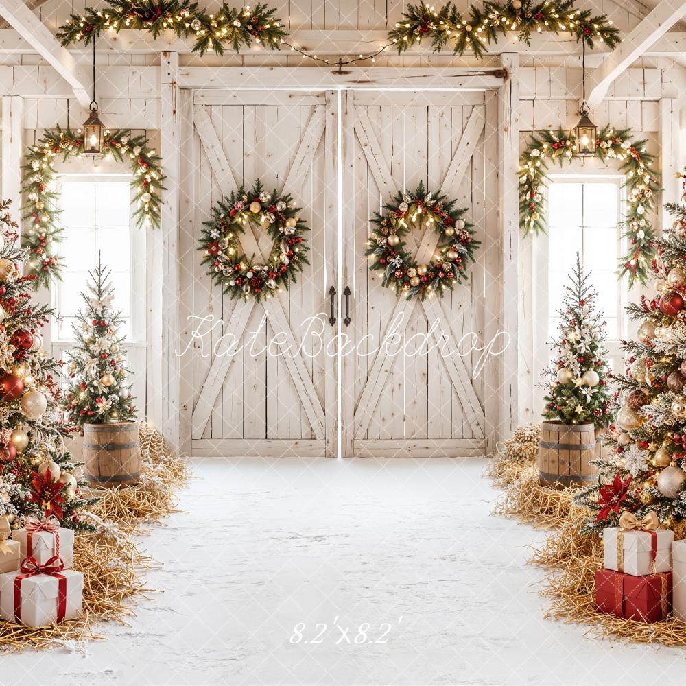 Kate Christmas Rustic Barn Trees Wreaths Gifts Snow Printed Backdrop Designed by Emetselch