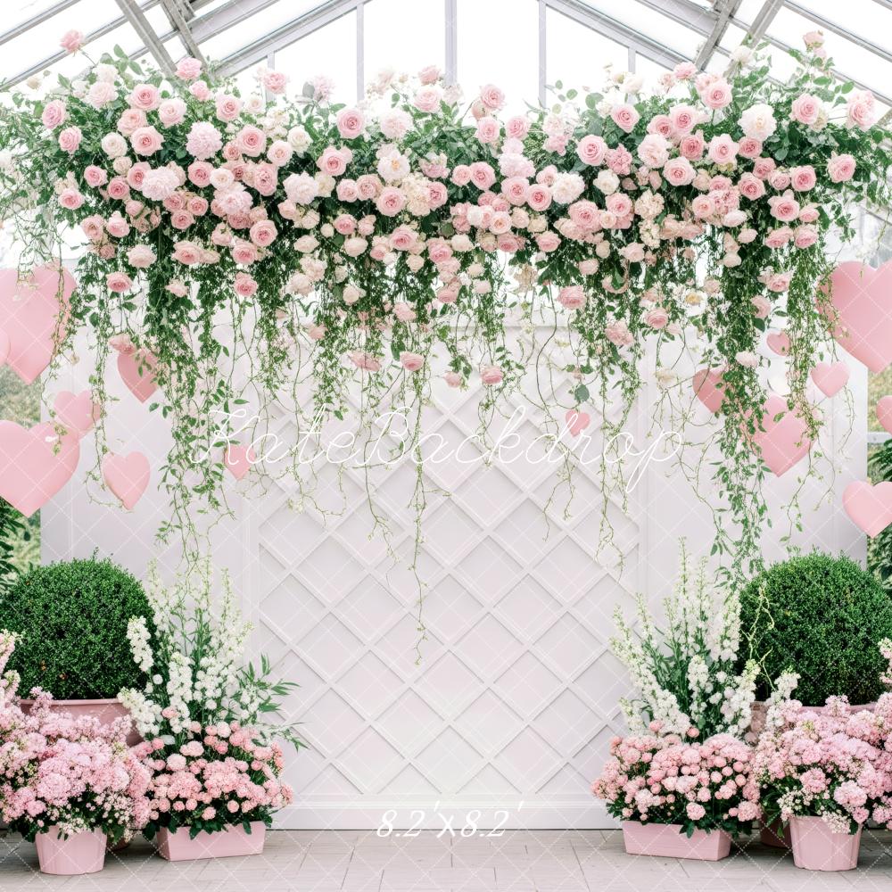 Kate Valentine's Day Flower Arch Pink Roses Heart Balloons Greenery Backdrop Designed by Patty Roberts