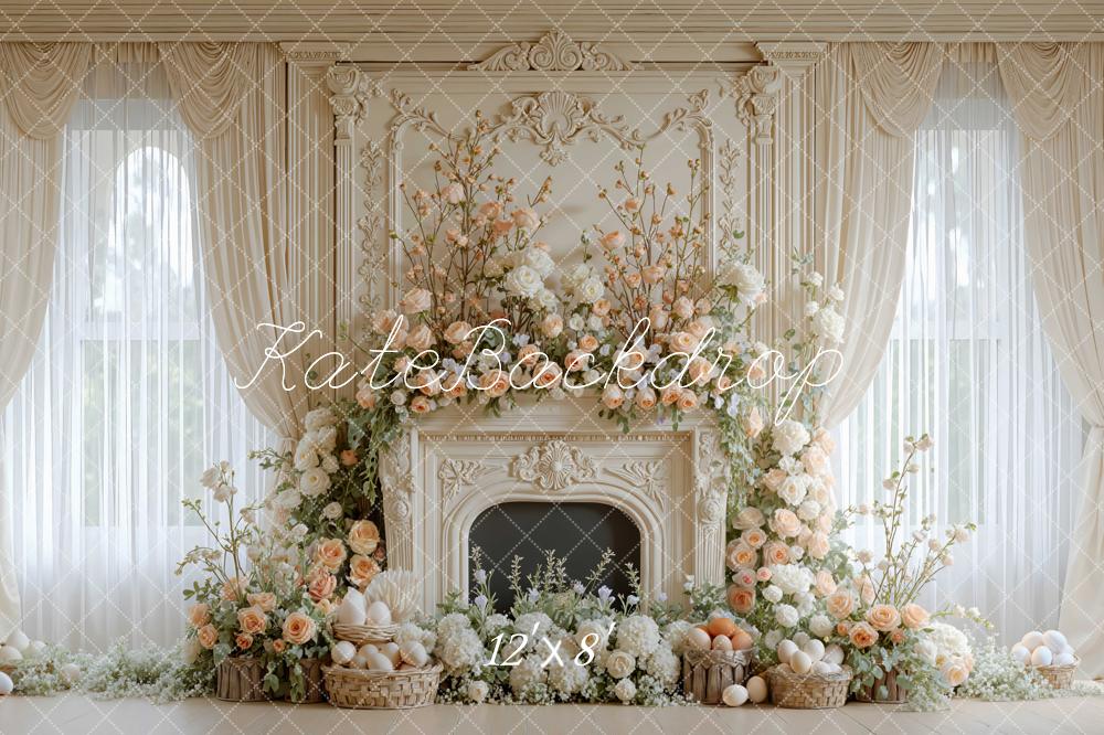 Kate Easter Bunny Flower Arch Fireplace Printed Backdrop Designed by Mini MakeBelieve