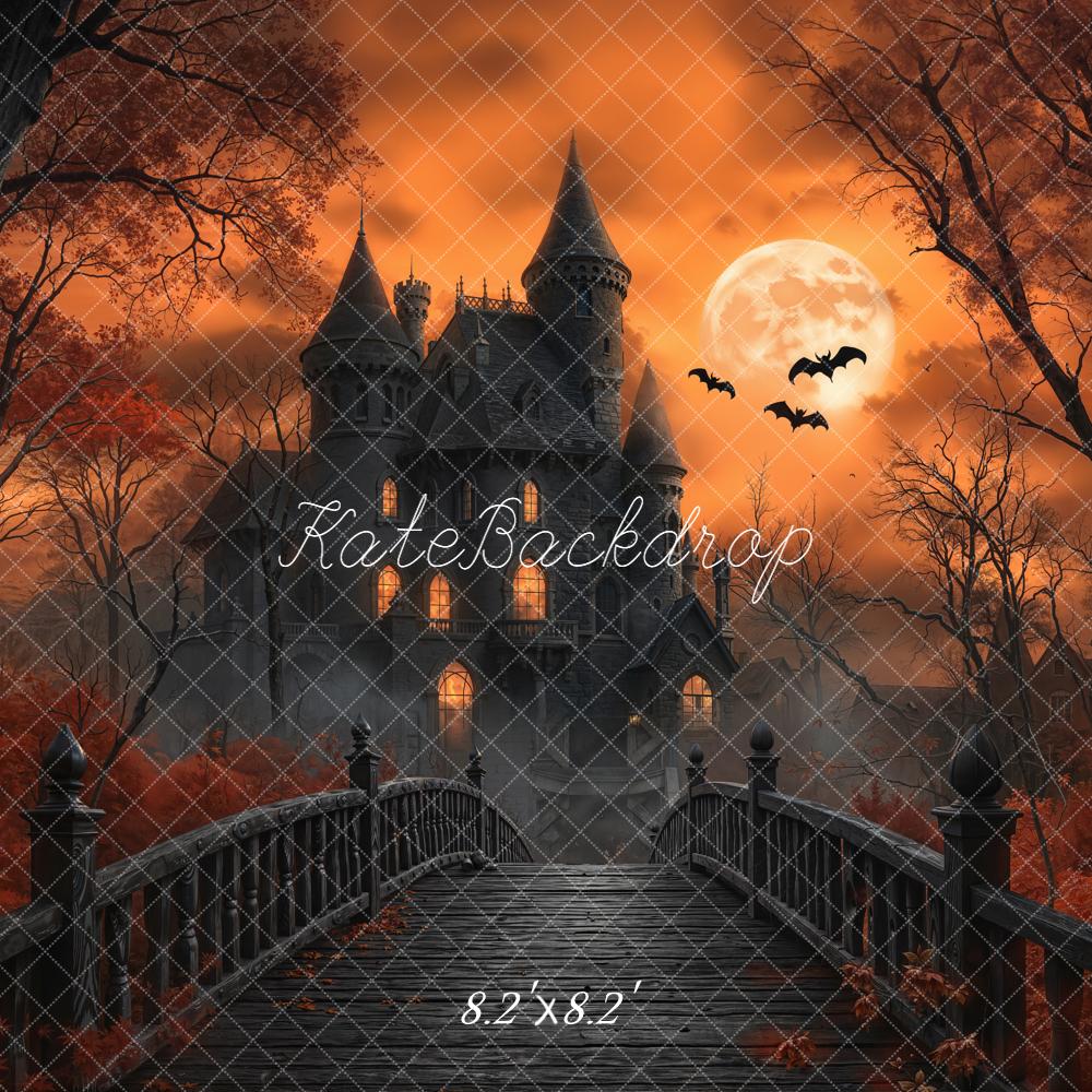 Kate Halloween Haunted Castle Bridge Full Moon Bats Orange Backdrop Designed by Emetselch