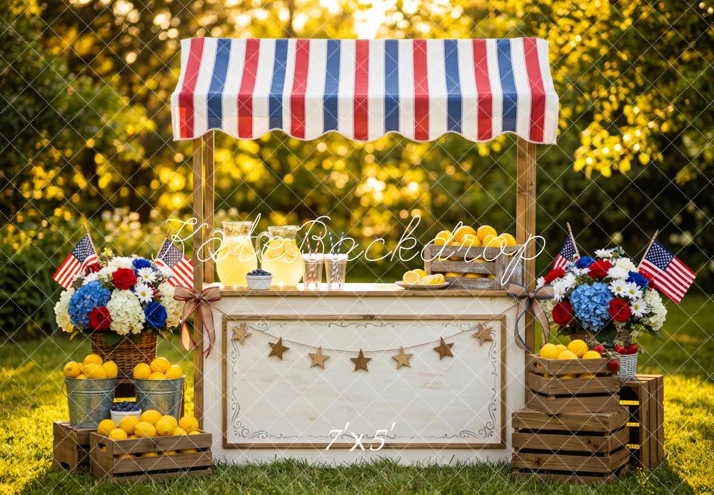 Kate Summer Independence Day Lemonade Stand Canopy Flags Flowers Lemons Printed Backdrop Designed by Patty Roberts