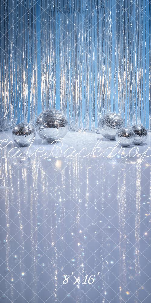 Kate Disco Silver Balls Tinsel Curtain Blue Printed Backdrop Designed by Emetselch