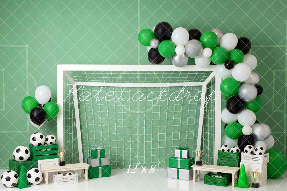 Kate Cake Smash Soccer Goal Green Black White Balloons Printed Backdrop Designed by Patty Roberts