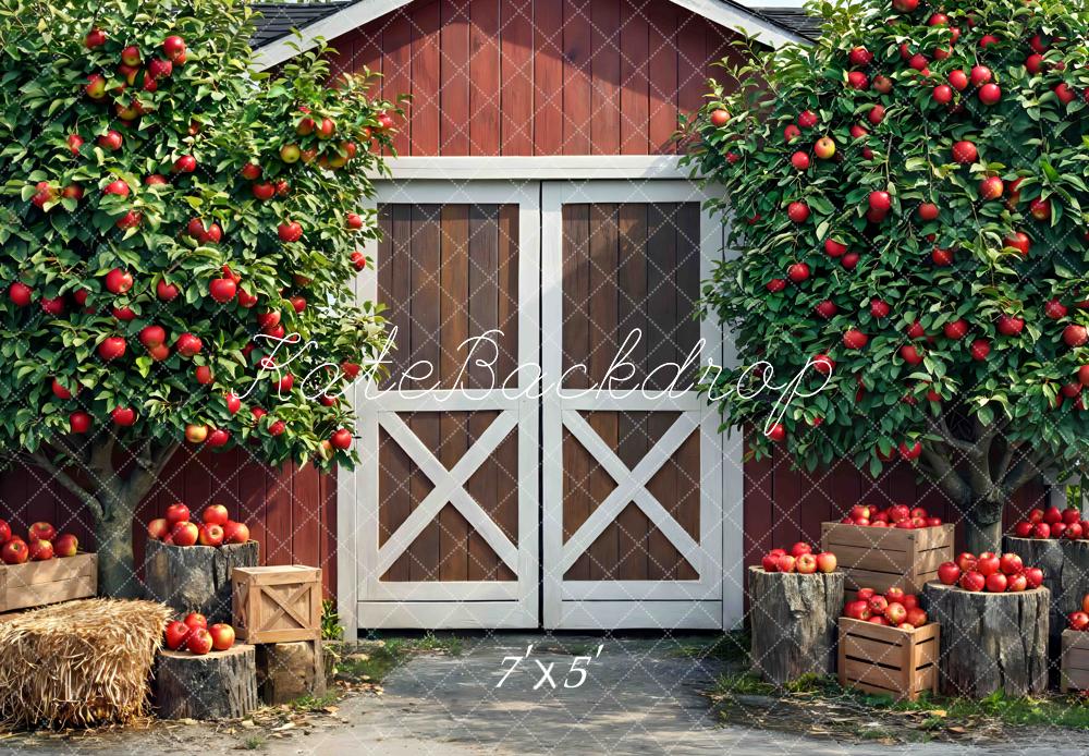 Kate Fall Red Barn Apple Trees Crates Hay Printed Backdrop Designed by Mini MakeBelieve