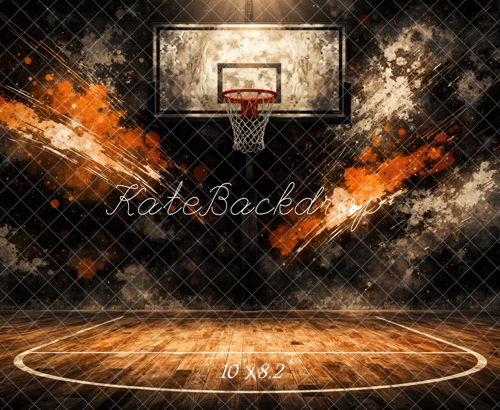 Kate Sports Basketball Court Hoop Orange Splash Backdrop Designed by Mini MakeBelieve