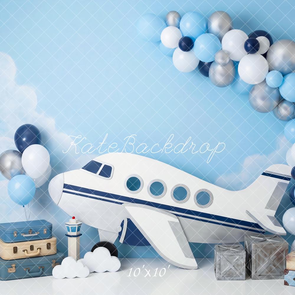 Kate Cake Smash Airplane Balloons Clouds Sky Printed Backdrop Designed by Patty Roberts