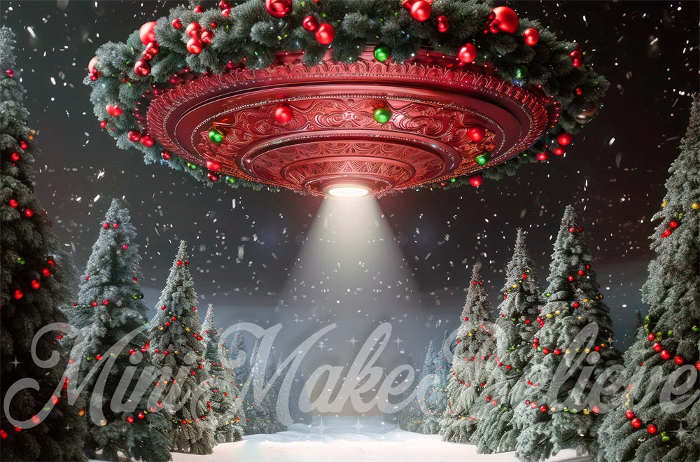 Kate Winter Christmas Forest Grand Red UFO Backdrop Designed by Mini MakeBelieve