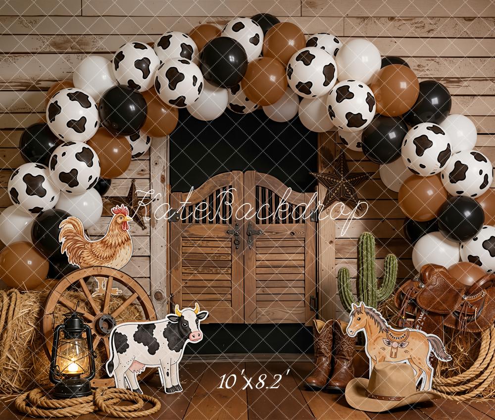 Kate Cake Smash Western Saloon Barn Cow Print Balloon Arch Farm Animals Backdrop Designed by Emetselch