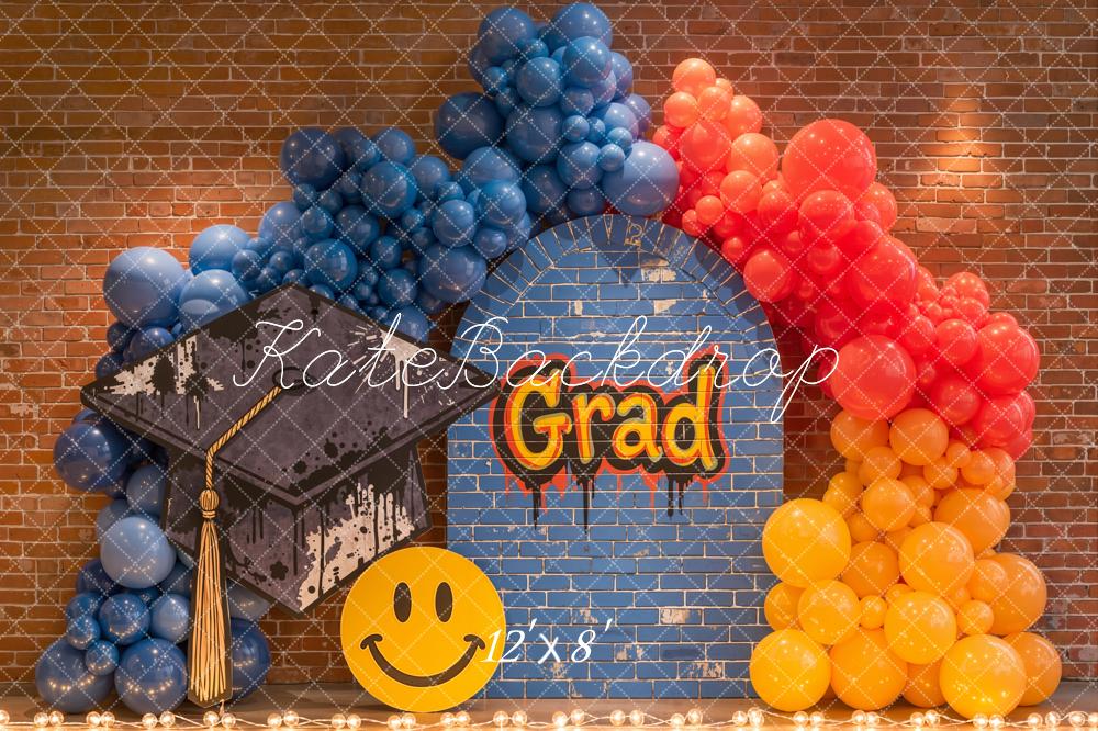 Kate Graduation Cap Blue Brick Wall Rainbow Balloons Printed Backdrop Designed by Emetselch