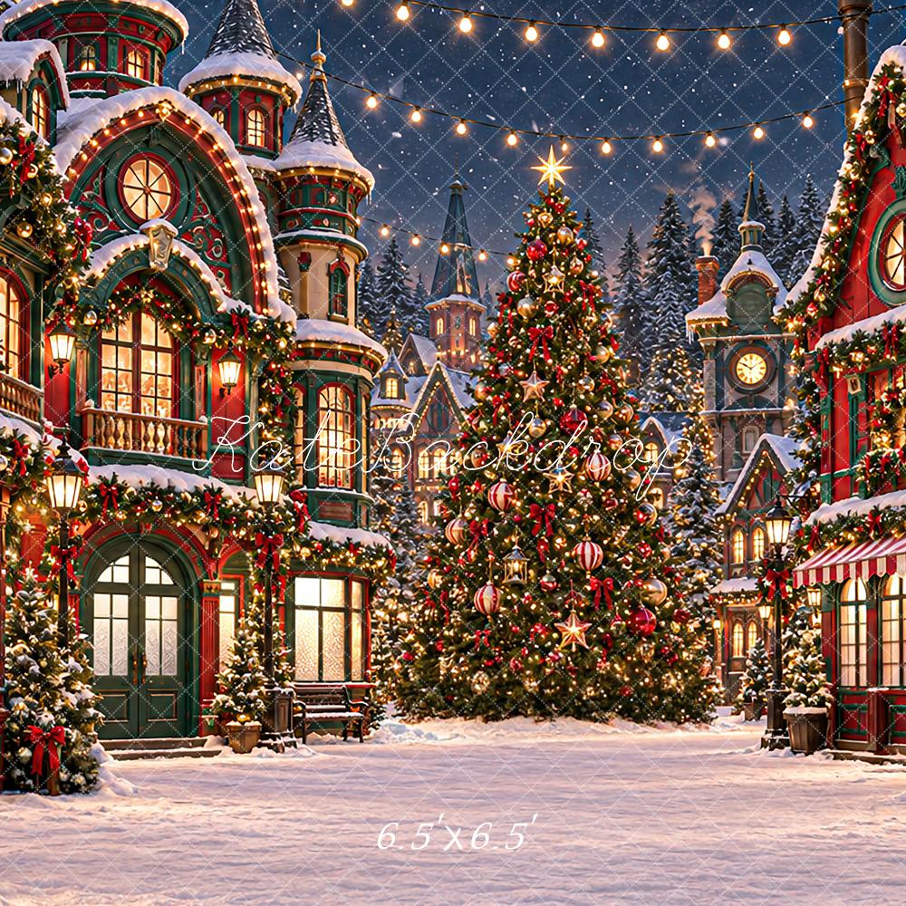 Kate Christmas Night Snowy Village Victorian Shop Christmas Tree Lights Printed Backdrop Designed by Angela Miller