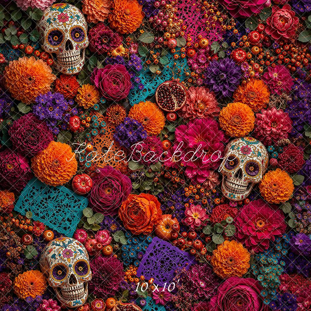Kate Day of the Dead Sugar Skull Floral Marigold Printed Backdrop Designed by Ashley Ward