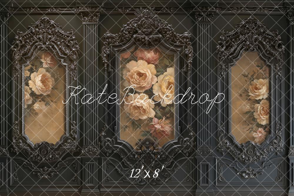 Kate Black Ornate Vintage Wall Floral Roses Printed Backdrop Designed by Emetselch