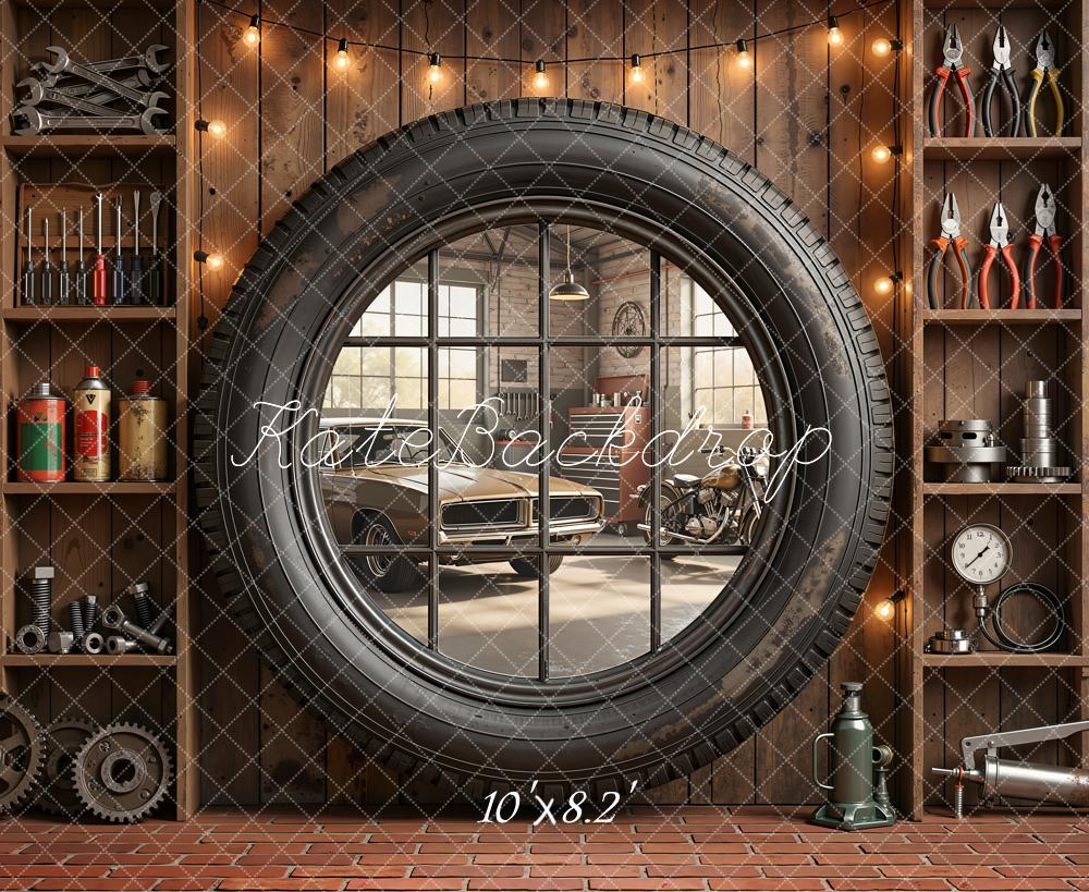Kate Father's Day Garage Tire Window Tool Shelves Printed Backdrop Designed by Emetselch