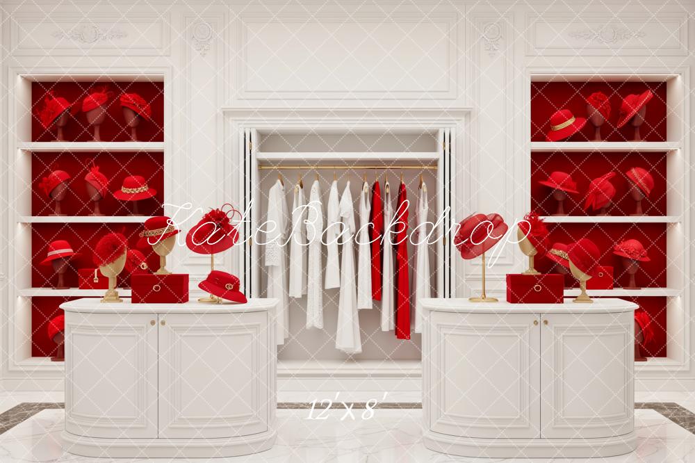 Kate Red Hat Boutique White Cabinets and Wardrobe Backdrop Designed by Patty Roberts