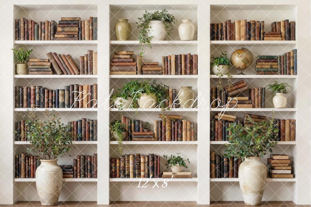Kate Bookshelf White Shelves Books Plants Vases Printed Backdrop Designed by Emetselch