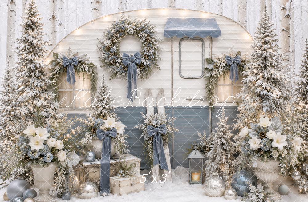 Kate Christmas Snowy Blue Camper Bow Wreaths Printed Backdrop Designed by Ashley Paul