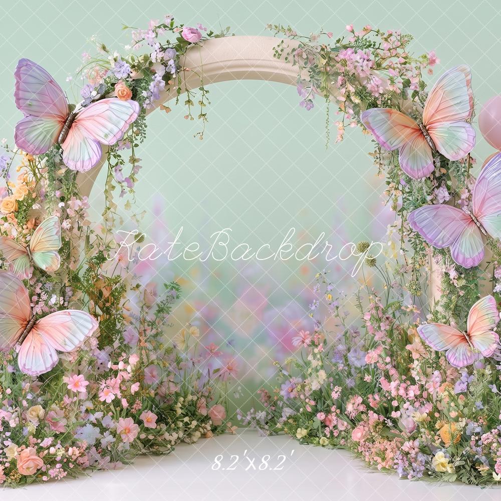 Kate Spring Cake Smash Flower Arch Butterflies Mint Green Balloons Printed Backdrop Designed by Angela Miller