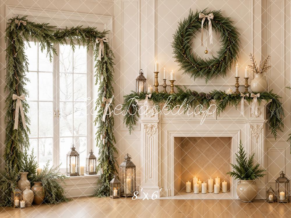 Kate Christmas Fireplace Corner Window Wreath Garland Candles Printed Backdrop Designed by Emetselch