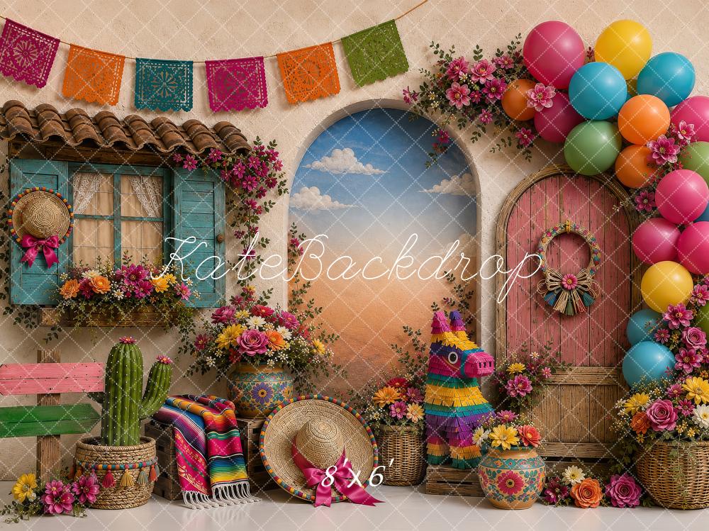 Kate Cake Smash Mexican Fiesta Piñata Balloons Papel Picado Printed Backdrop Designed by Shutter Swan Studios