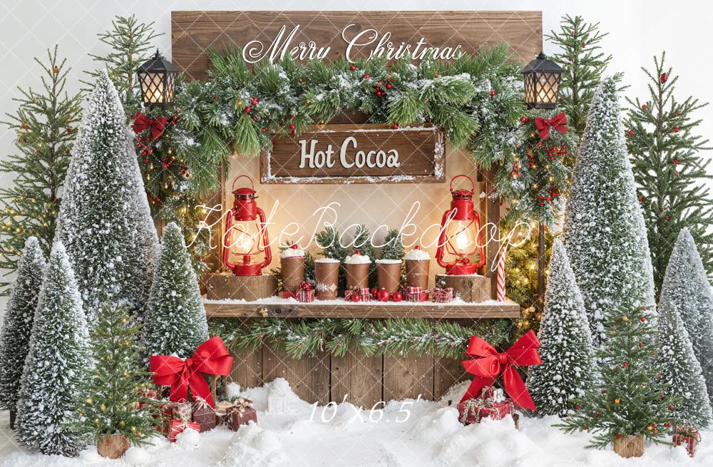 Kate Christmas Hot Cocoa Stand Snowy Pine Trees Lantern Backdrop Designed by Emetselch
