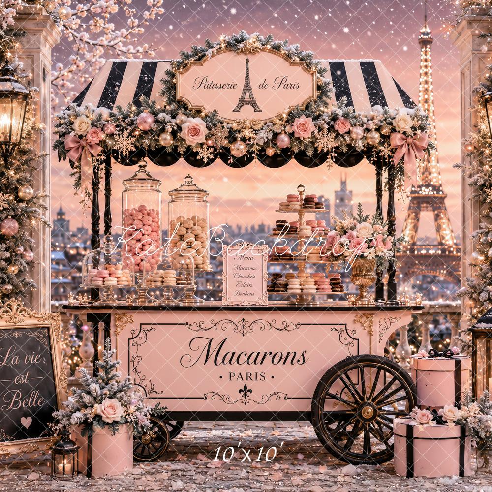 Kate Christmas Pink Paris Macaron Cart Lanterns Printed Backdrop Designed by Ashley Paul