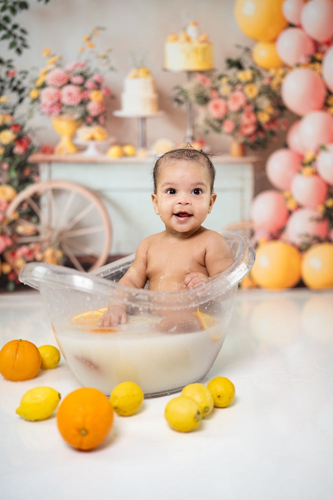 Kate Summer Birthday Cake Smash Lemon Colorful Flower Balloon Arch Printed Backdrop Designed by Emetselch