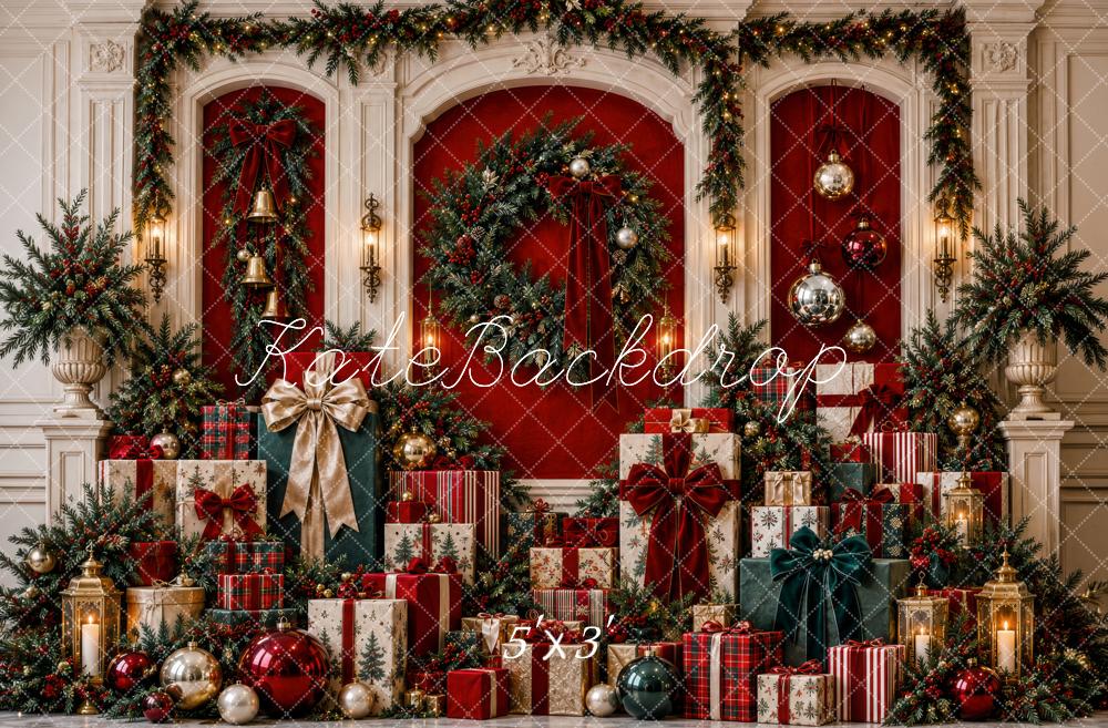 Kate Christmas Garland Wreath Gift Boxes Red Printed Backdrop Designed by Patty Roberts