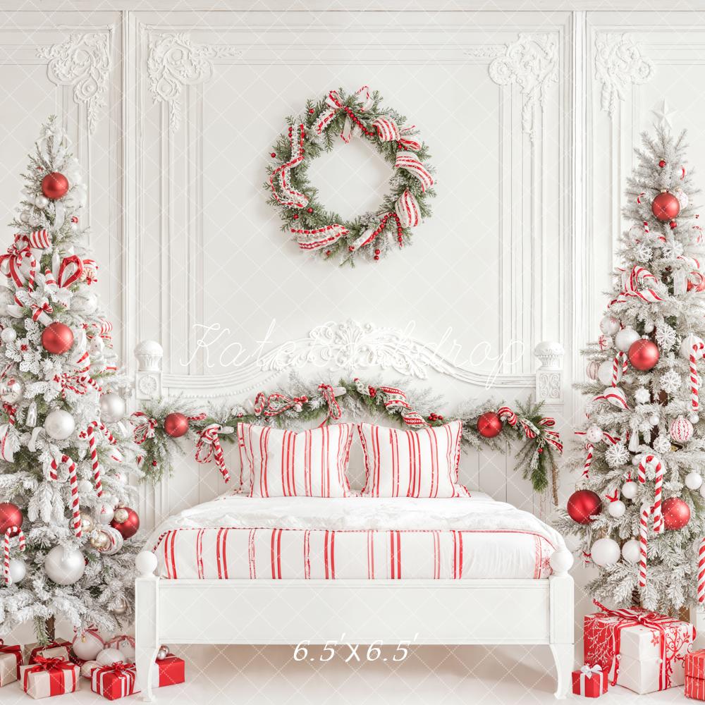Kate Christmas White Bedroom Candy Cane Trees Red Ornaments Backdrop Designed by Emetselch