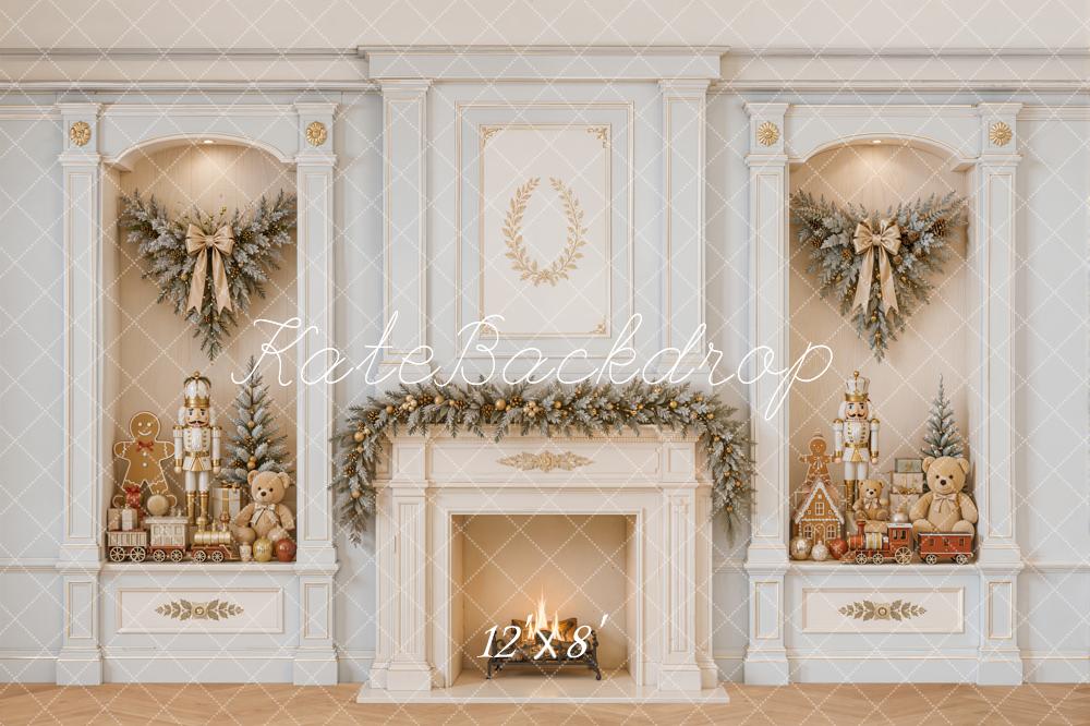 Kate Christmas Fireplace Retro Wall Nutcracker Garland Gingerbread Printed Backdrop Designed by Emetselch