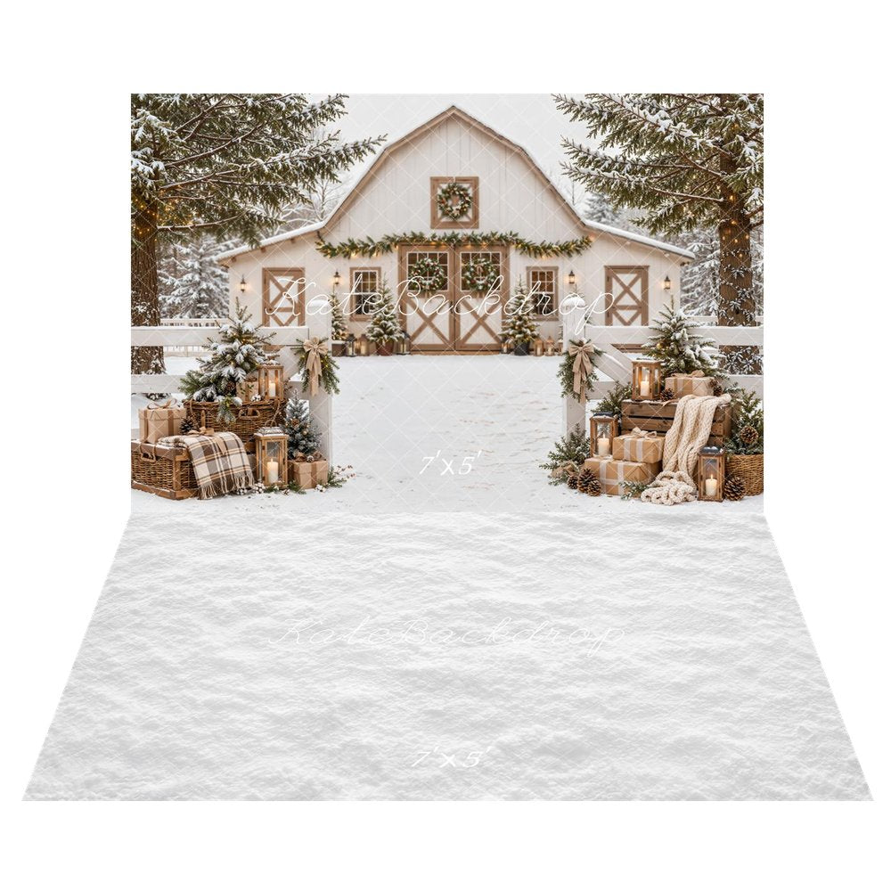 Kate Christmas Snowy White Barn Farmhouse Evergreen Gifts Plaid Printed Backdrop+White Snow Floor Printed Backdrop
