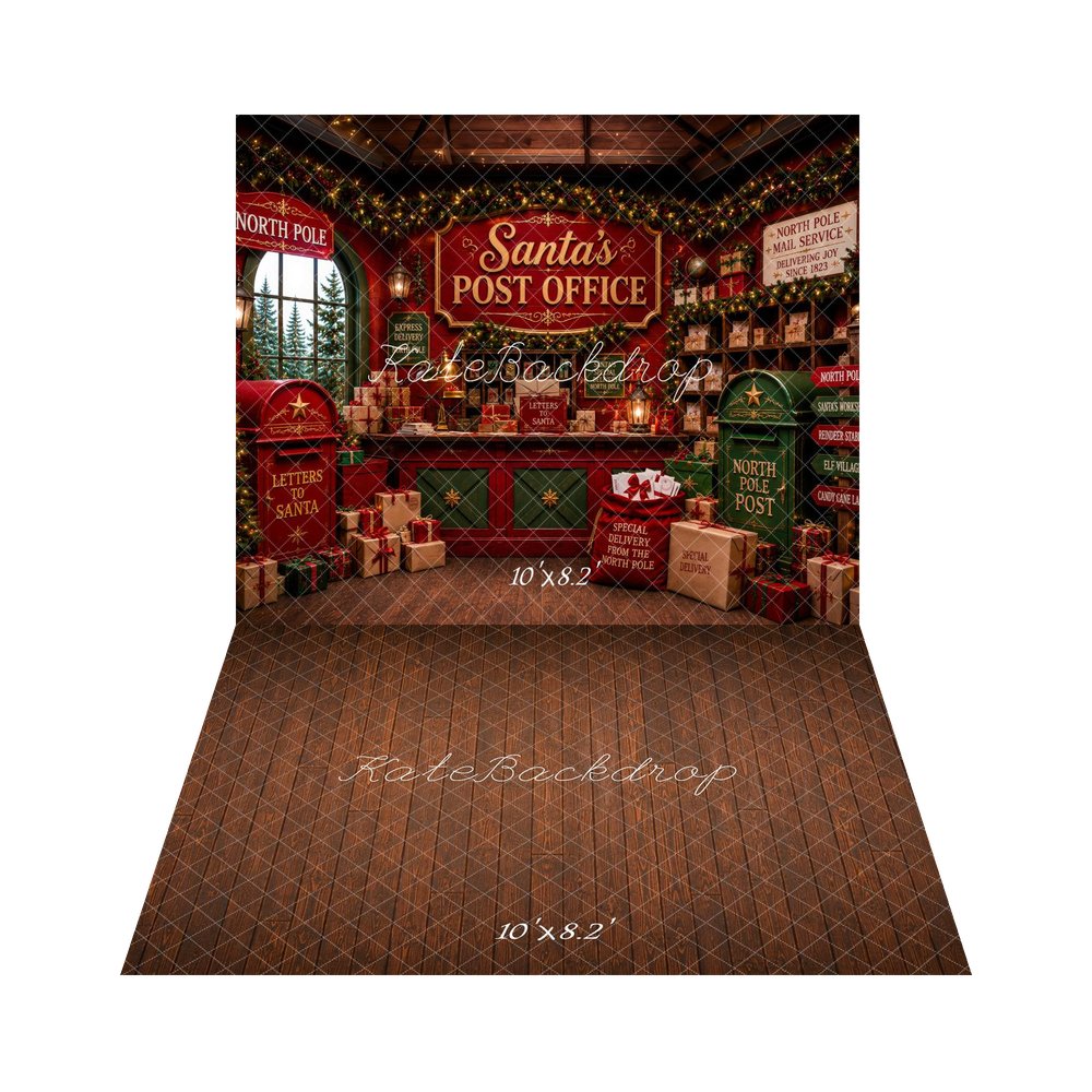 Kate Christmas Santa's Post Office North Pole Gifts Printed Backdrop+Brown Wood Plank Floor Printed Backdrop